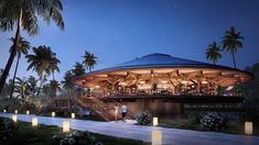 an artistic rendering of a restaurant at night with palm trees in the foreground and people standing outside