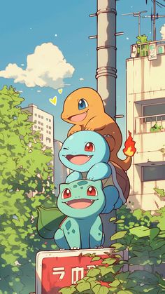 two pokemons sitting on top of each other in front of a tall building and trees