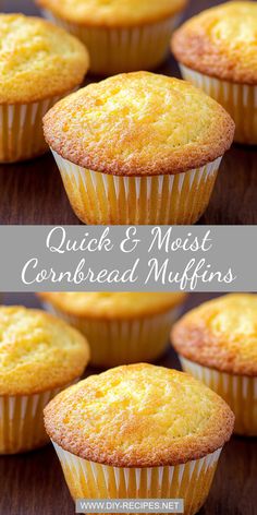 several muffins with the words quick and moist cornbread muffins on top