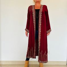 A Stunning Sequinned and Beaded Boho Hippy Kimono Jacket.  Goddess Chic ;Perfect for Weddings,Holidays,Festivals,Special Events and Parties. Handmade from a Vintage Indian Sari so truly Unique,and Sustainable. The fabric is a Gorgeous and Flattering Wine Silk Crepe , with Exquisite Gold and Silver Embellishment and featuring 1000's of Glittering Beads and Sequins One size fits Small ,Medium ,Large.  UK 8 to 14     US 4 to 10     EU  36 to 42  The length is 132 cm / 52 ". The chest is 102 cm / 40 Festive Long Embellished Abaya, Bohemian Fitted Kimono For Festive Occasions, Long Embroidered Kimono For Festive Occasions, Fitted Bohemian Kimono For Festive Occasions, Elegant Fitted Kimono For Festival, Traditional Embellished Festive Outerwear, Long Sleeve Abaya With Zari Work, Traditional Long Sleeve Outerwear For Party, Bohemian Abaya For Festive Parties