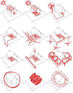 a bunch of drawings that are on top of a white surface with red lines in it