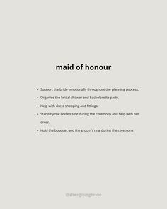 an advertisement with the words maid of honour written in black and white on it