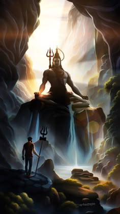 a man standing in front of a cave next to a person with a demon on his head