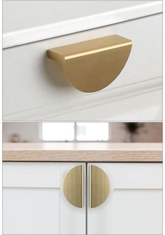 an image of a kitchen door handle and cabinet knobs with gold metal pulls on the handles