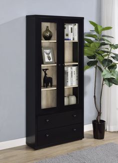 Hawthorne Black Accent Cabinet - Ornate Home Black Accent Cabinet, Mid Century Modern Accessories, Glass Door Cabinet, Cabinet With Drawers, Concealed Storage, Organization Decor, Glass Cabinet Doors, Cabinet Features, Curio Cabinet