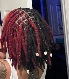 Natural Locs Dyed, Peekaboo Loc Color, Red Locs With Beads, Half Red Half Black Locs, Half And Half Locs Color, Dyed Locs Inspiration, Locs With Peekaboo Color, Locs Hairstyles Colored