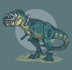 an image of a dinosaur with a helmet on it's head and legs, standing in