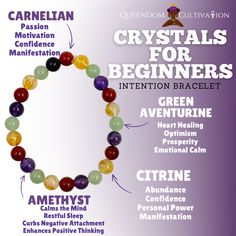 a poster with the words crystals for beginners and intention bracelets in different colors