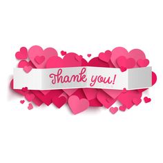 thank you card with hearts and ribbon on white background