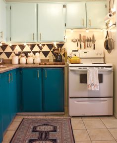 the kitchen is clean and ready for us to use it's stove top oven