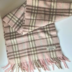 Pale Pink Plaid Cashmere Scarf 12”X54” 100% Cashmere Good Condition Aside From Minor Stains Shown In Photos. Burberry Pink, Brown Scarves, Burberry Scarf, Burberry Accessories, Pink Scarves, Pink And Brown, List Ideas, Pink Plaid, Cashmere Scarf