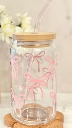 Pink Cups Tumblers, Water Bottle Cute Aesthetic, Clear Aesthetic Glasses, Preppy Cricut Cups, Stuff To Buy For Christmas, Pink Glass Straw, Affordable Pink Crafts For Gifts, Pink Glasses Cups, Pink And Girly Gifts