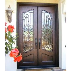 a pair of double doors with wrought iron designs on the sides and side panels above them