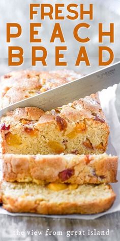 fresh peach bread is cut into slices with a knife