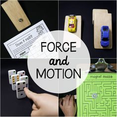 a collage of photos with words force and motion on them, including dominos, cars, and paper clips