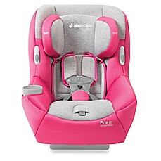 the child's car seat is pink and grey