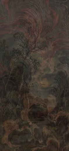 an abstract painting with trees and rocks in the foreground, on a dark background