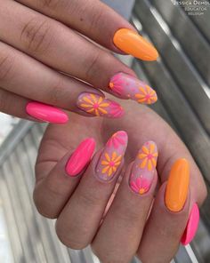 Gel Nail Art Pink And Orange Nails, Unghie Nail Art, Spring Acrylic Nails, Daisy Nails, Cute Summer Nails, Neon Nails, Orange Nails, Orange And Pink