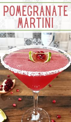 a pomegranate martini in a coupe glass garnished with lime and pomegranate