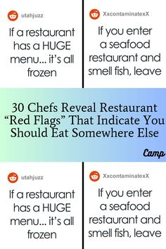 three different types of restaurant menus with the words, 30 chefs reveal restaurant red flags that indicate you should eat somewhere else