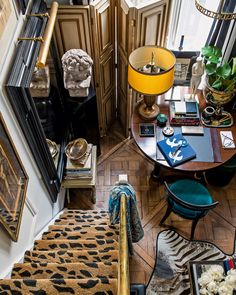 an overhead view of a living room with animal print rugs on the floor and stairs