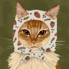 a painting of a cat wearing a scarf with strawberries on it's head