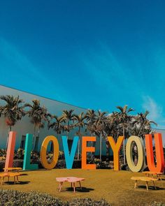 the words i love you are spelled in multicolored letters with palm trees behind them