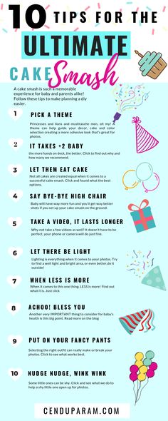 the top ten tips for the ultimate cake smash info sheet, including instructions to make it easy