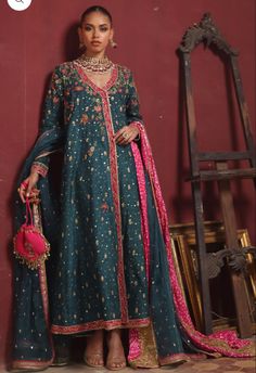 Mina Hasan, Round Dress, Beautiful Pakistani Dresses, Embroidered Border, Groom Outfit, Organza Dupatta, The Outfit, Silk Pants, Fine Fabric