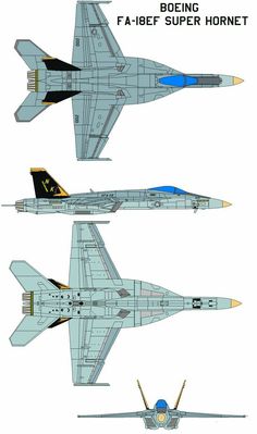 four different types of fighter jets are shown in this drawing form, and each one has its own jet engine