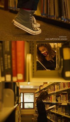 there is a woman standing in the library with her feet up on bookshelves