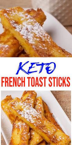 keto french toast sticks with powdered sugar on top, and in the middle