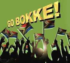 people raising their hands in the air with flags and letters that say go boke