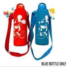 two blue and red water bottles with mickey mouse designs on the front, one has a strap around it's neck