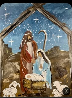 a painting of a manger scene with the birth of jesus