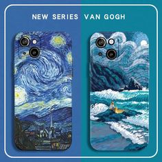 two cell phones with the same painting on them, one is blue and one is white