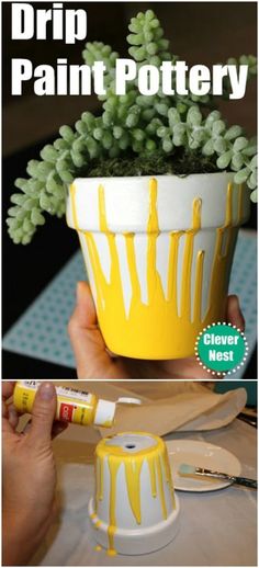 a person is painting a potted plant with yellow paint on it and the words drip paint pottery above it