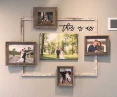 a wall with several pictures hanging on it