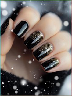 Deck your nails with shadows of elegance this holiday season! Choose from 26 mesmerizing black Christmas nail designs that capture the magic of winter nights. From starry sky manicures to black velvet bows, these dark and alluring creations offer a chic alternative to traditional festive styles. Embrace the mysterious charm of the season with these captivating nail art ideas! Black Christmas Nail Designs, Black Christmas Nails, Gold Holiday Nails, Nail Designs For Winter, Nails For 2023, Black Gold Nails, Black Nails With Glitter, Lace Nail Art, New Years Eve Nails