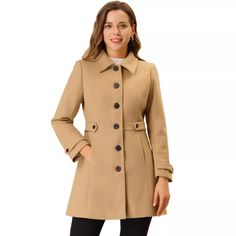 Allegra K Women's Winter Classic Outwear Overcoat With Pockets Single Breasted Coat Grey Large : Target Fluffy Coat, Winter Outwear, Stylish Coat, Single Breasted Coat, Plaid Coat, Collared Coat, Coat Outfits, Collar Designs, Pea Coat