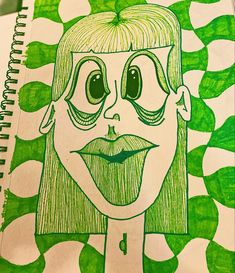 a drawing of a woman's face in green and white