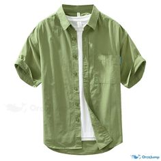 OrcaJump - Classic and Fashionable Short-Sleeve Cotton Shirt in Solid Color for Casual and Stylish Looks Green Cotton Shirt With Pockets, Plain Short Sleeve Shirt For Spring, Casual Green Plain Shirt, Casual Short Sleeve Solid Color Shirt For Spring, Casual Green Solid Color Shirt, Casual Solid Color Green Shirt, Casual Solid Green Shirt, Casual Green Half Sleeve Shirt, Casual Green Half Sleeve Blouse