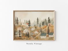 a painting hanging on the wall next to a wooden frame with words nordic vintage above it