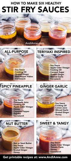 how to make six healthy stir fry sauces with instructions on the top and bottom