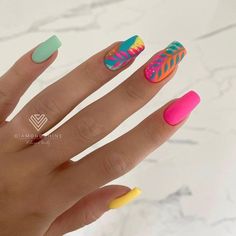 Tropical Nail Designs, Summer Nails 2023, Tropical Nails, Colorful Nail, Colorful Nails, Summery Nails, Vacation Nails, Bright Nails, Nails 2023