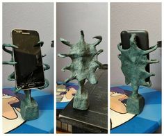 three photographs of a cell phone on a stand made out of clay, and the same sculpture