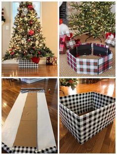 four different pictures of christmas trees and boxes with plaid designs on them, including a tree