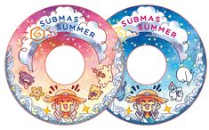 two circular discs with cartoon characters on them