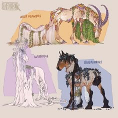 three different types of horses with flowers in their hair