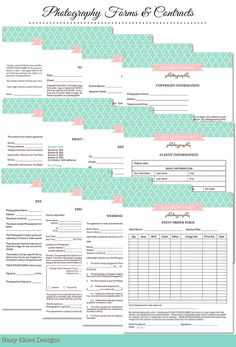 the printable photography forms and checklist is shown in pink, blue, and green